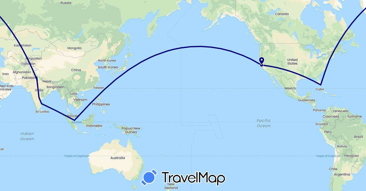 TravelMap itinerary: driving in India, Singapore, United States (Asia, North America)